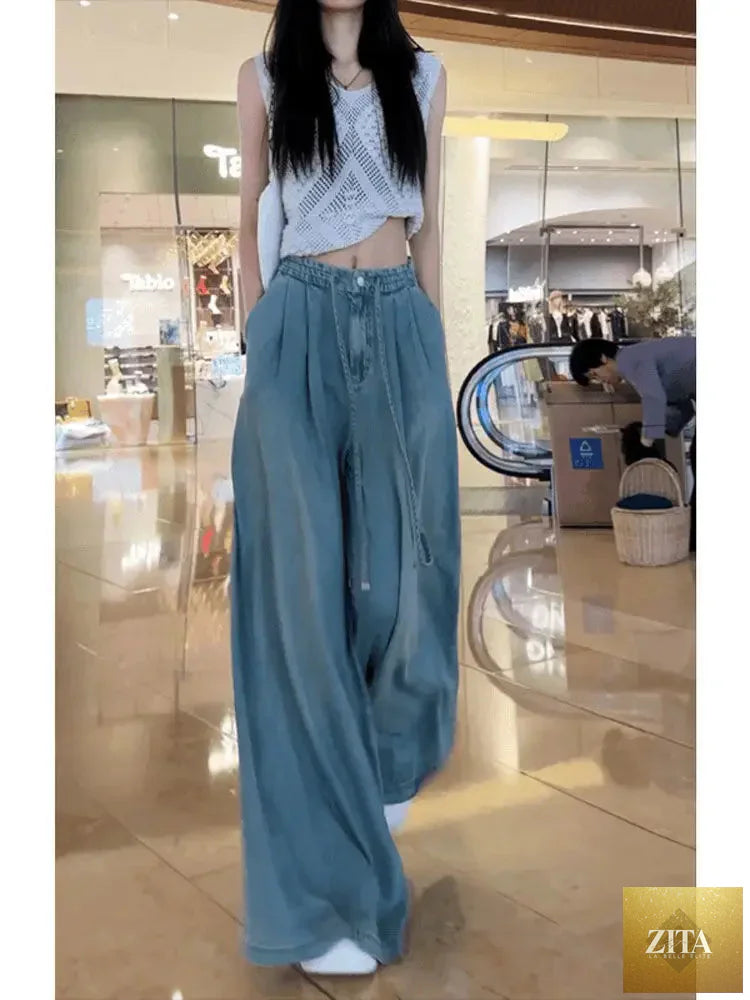 Women Wide Leg Jeans – Summer 2024 Drape Elastic Boyfriend Trousers