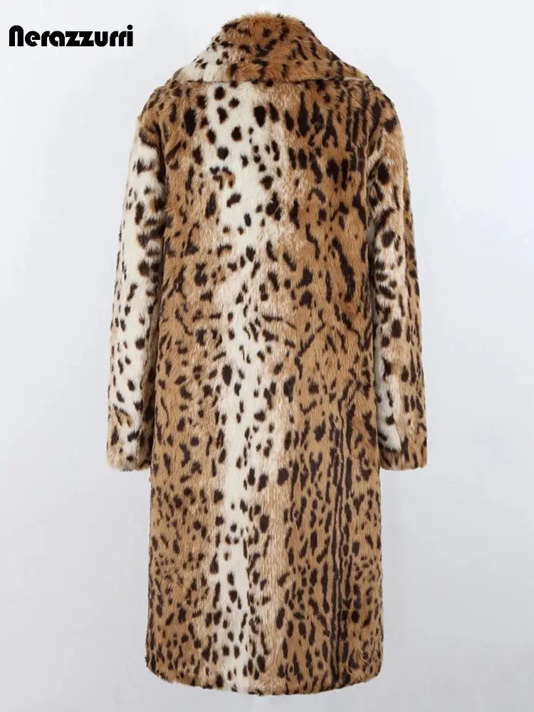 Nerazzurri Winter Long Loose Luxury Thick Warm Soft Fluffy Leopard Print Faux Fur Coat Women Lapel Runway European Fashion 2022 ZITA LA BELLE ÉLITE