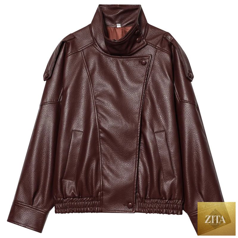 HXAO Faux Leather Black Jackets For Woman New Arrival Cropped Oversize Bomber Jacket Zip-Up Long Sleeve Coats Motorcycle Jackets
