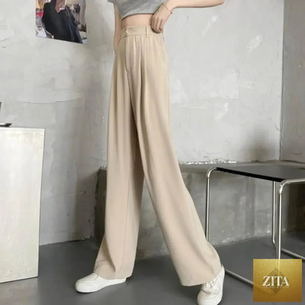 Women’s high waist straight wide-leg trousers by Ladyez, solid color office suit pants with elastic waist and slant pockets.