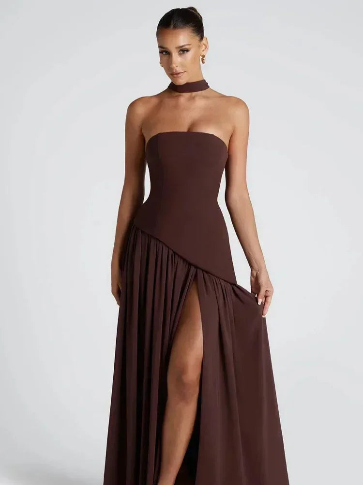 Elegant solid spliced ribbon maxi dress for women by FLIPSTYLEZLLC, strapless sleeveless design with a slit, perfect for summer holidays.