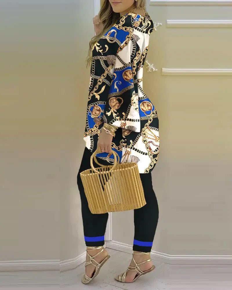 Women’s long sleeve V-neck polyester two-piece set featuring printed design, stylish and comfortable for casual wear.