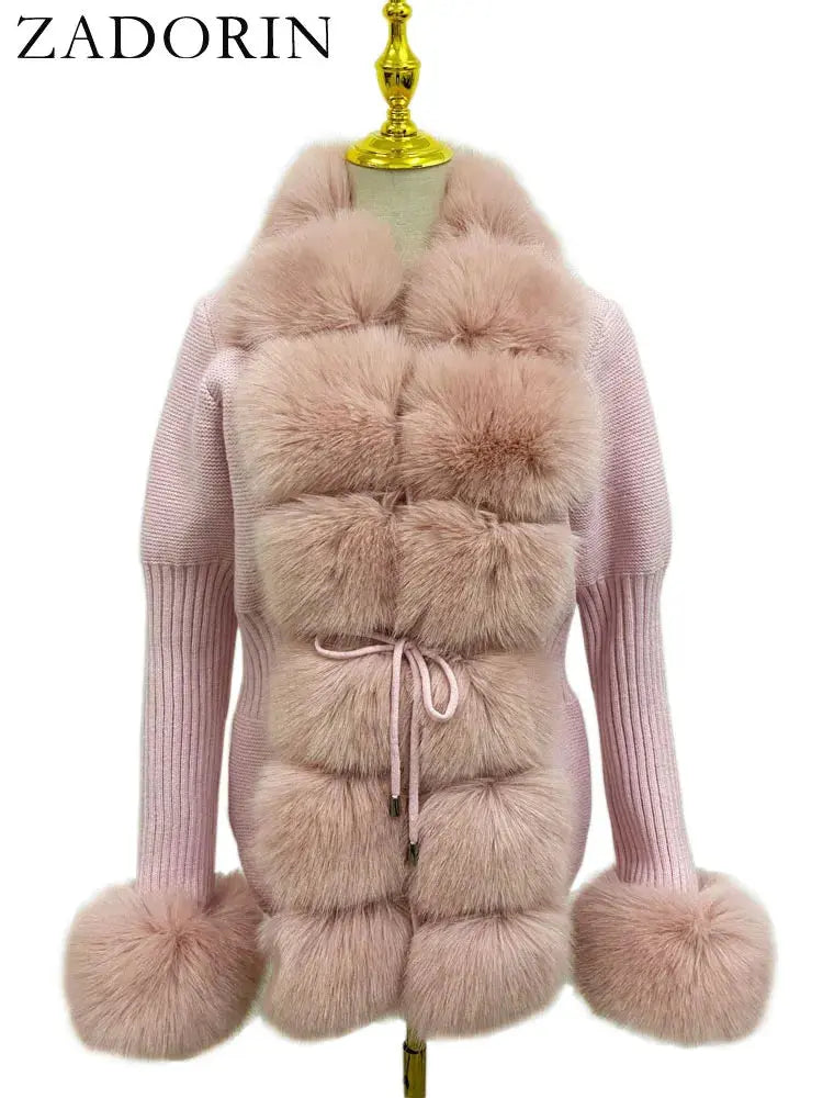 ZADORIN Fall Winter Women Faux Fur Coat Luxury Knitted Sweater Fur Cardigan Detachable Collar White Pink Jacket Faux Fur Coats ZITA LA BELLE ÉLITE