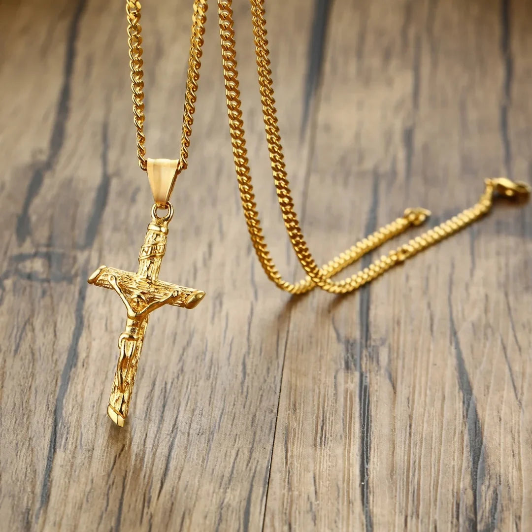 Stainless steel gold cross necklace with Jesus pendant, Catholic faith jewelry for men and women, prayer and gift accessory