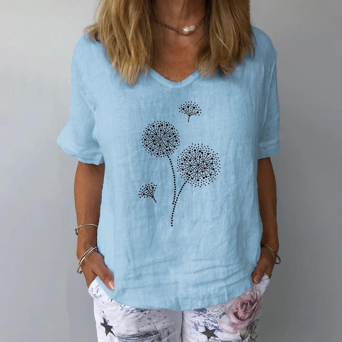 Women Solid Color Cotton Linen Blouse