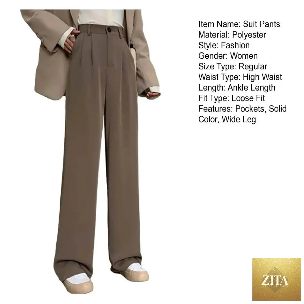 Women’s high waist straight wide-leg trousers by Ladyez featuring solid color, elastic waistband, slant pockets, and loose fit.