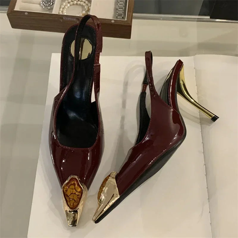 Elegant LadyShow.Store metal square head diamond pumps for women with low heels, street style design, perfect for banquets and parties.