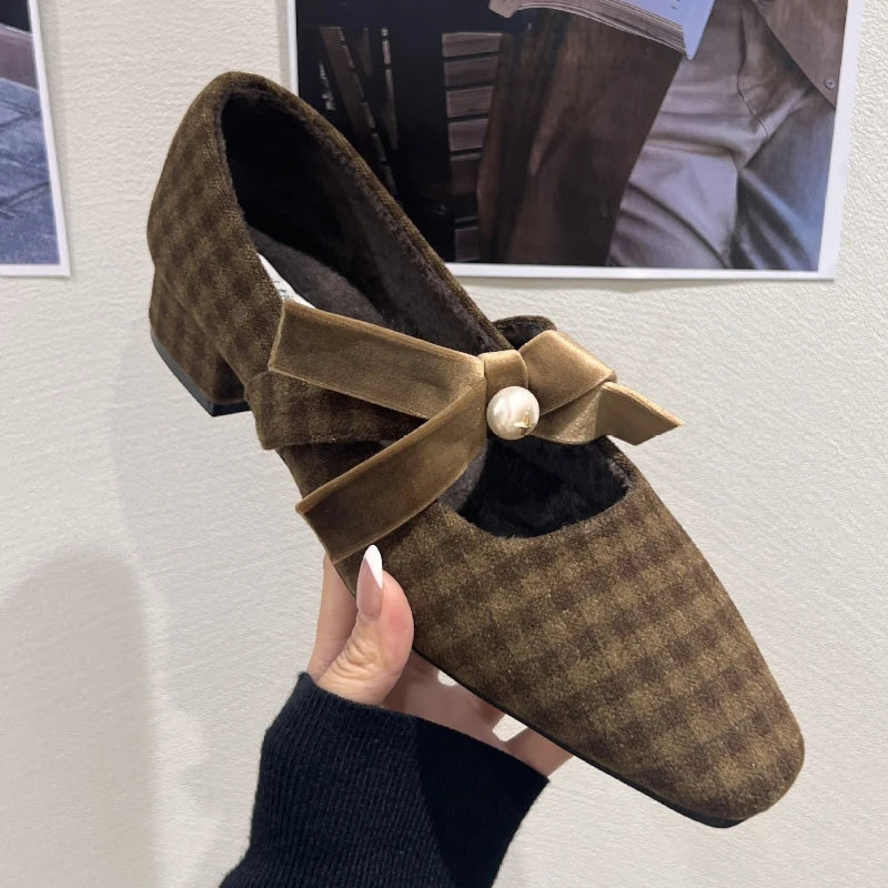 Elegant women's Mary Jane shoe with chunky heel, bowknot and pearl accents, plaid print design for autumn fashion and parties.