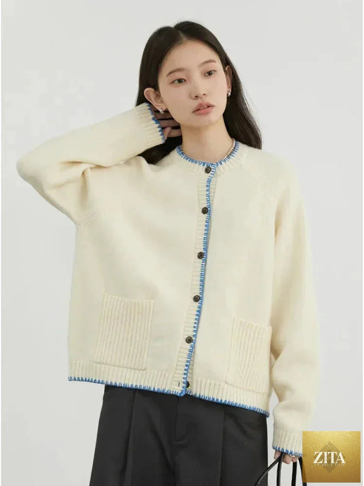 Loran contrast color cardigan sweater featuring a loose, casual knit design with vibrant color blocks and a relaxed fit.