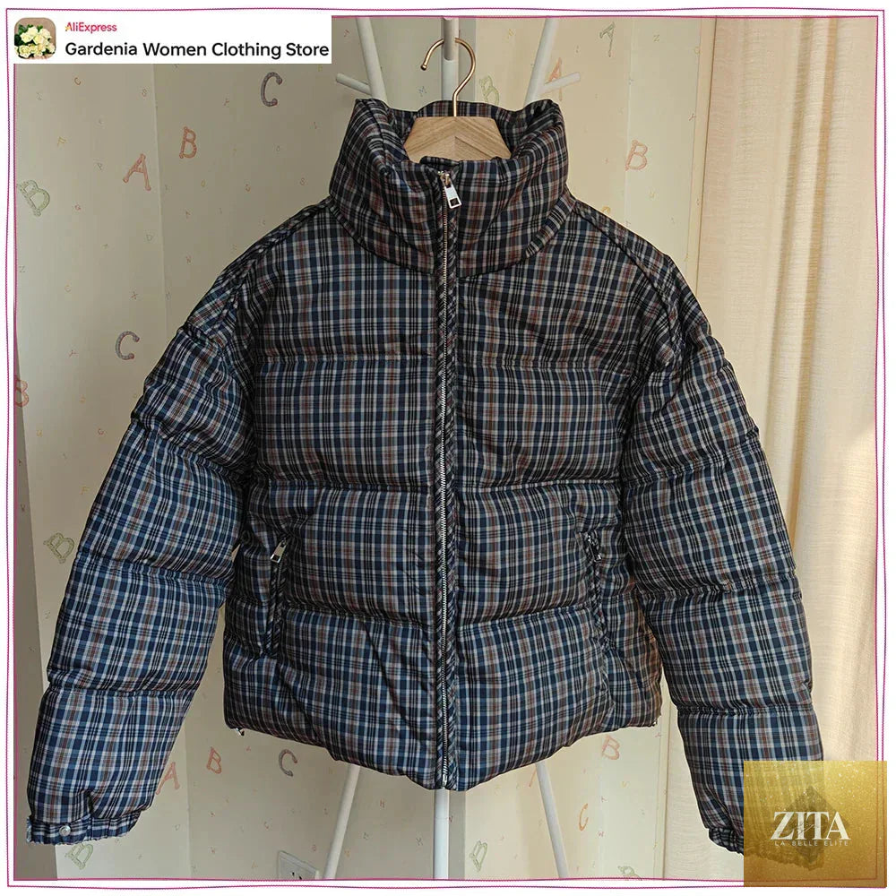 Stylish Plaid Puffer Anorak for Women Winter Brown Padded Jackets High Neck and Long Sleeves Zipper Outwears with Adjustable Hem