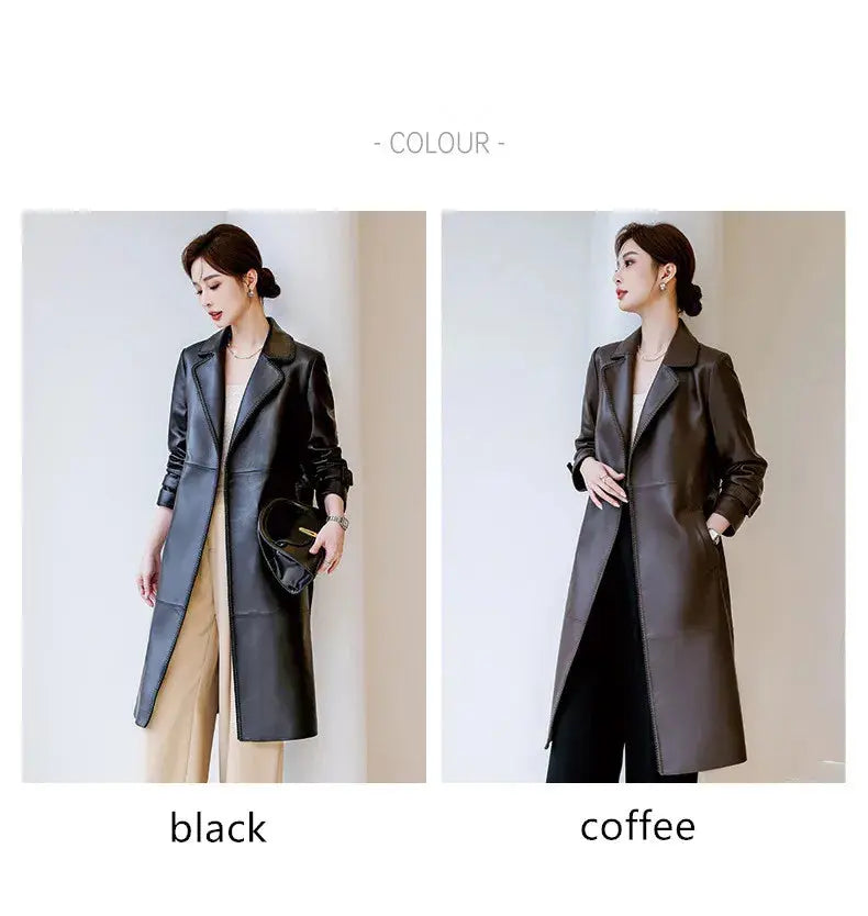 Women's Genuine Leather Trench Coat Lace-Up Long Slim Fit Spring Autumn Sheepskin Top ZITA LA BELLE ÉLITE