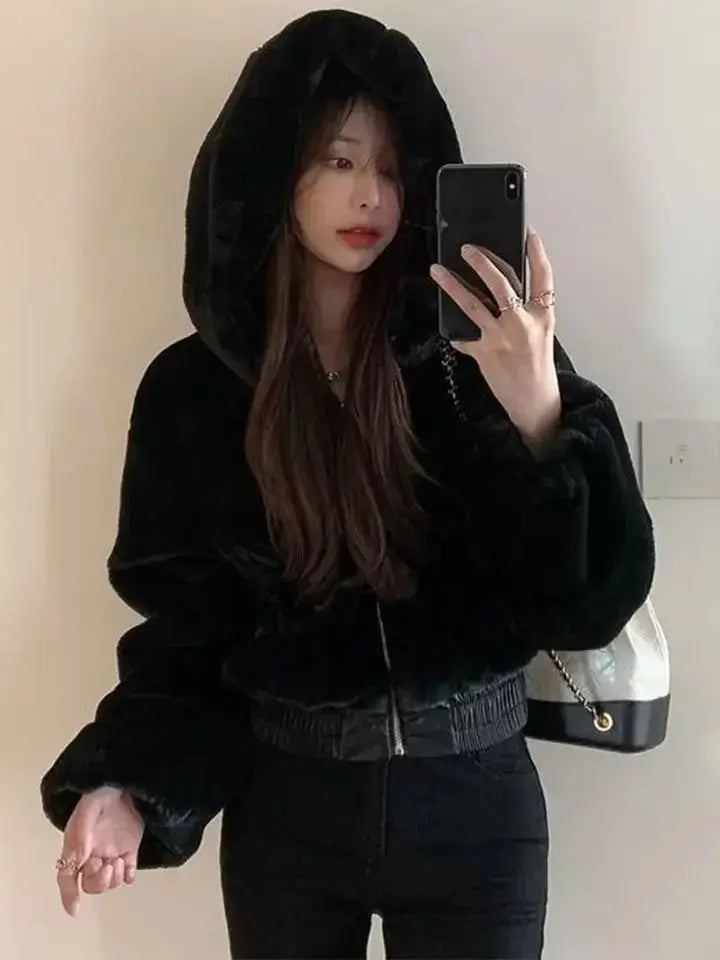 Luxury Short Faux Rabbit Fur Coat Women Crop Top Winter Thicken Warm Clothing Small Furry Hooded Faux Fur Jacket Fluffy Jackets ZITA LA BELLE ÉLITE