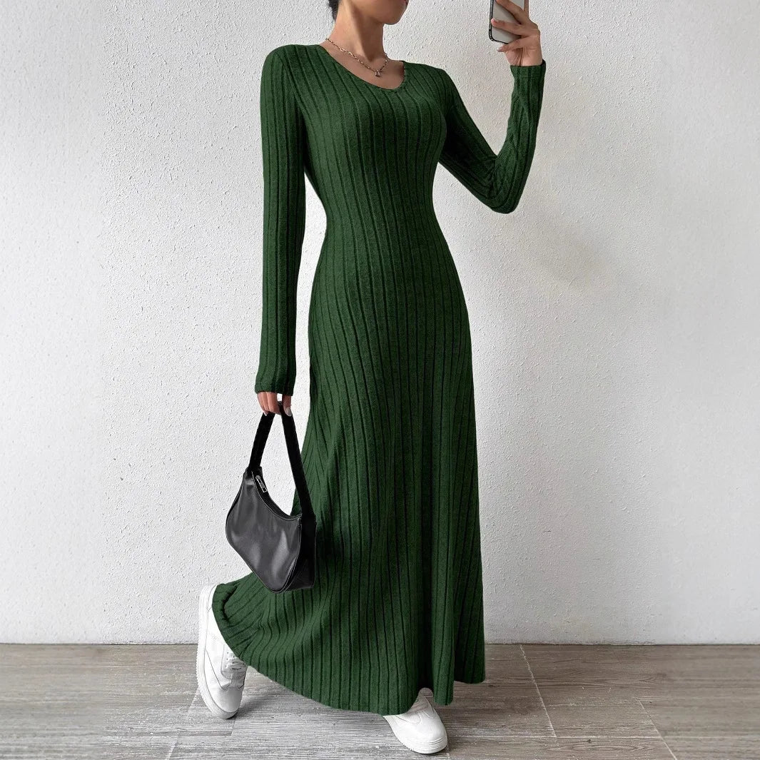 Women Knitted Elegant Winter Maxi Dress O Neck Long Sleeves