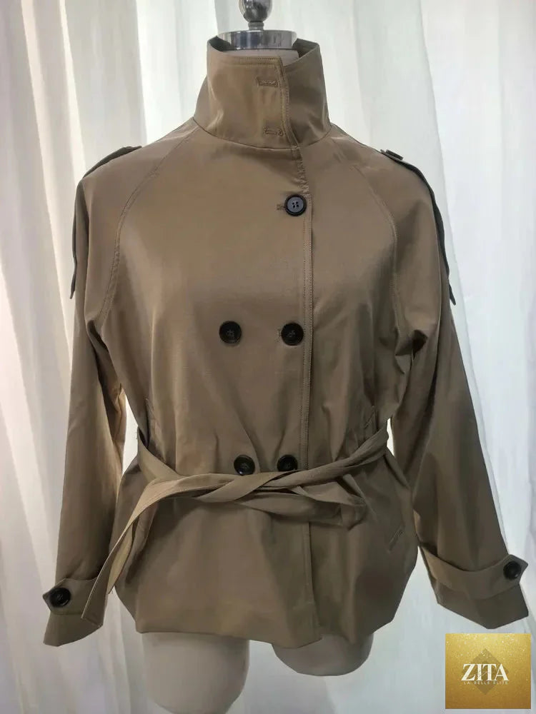 Belted Waist Cropped Trench Jackets Women Double Breasted Stand Collar Coats 2025 Autumn Chic Casual Vintage Jacket Women Cloth