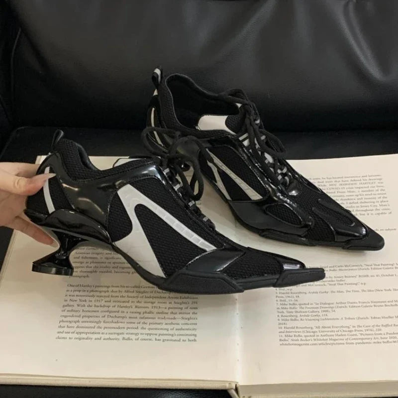 Silver lace-up women's sports heels with pointed toes, mesh design, and elegant punk style shoes featuring luxury brand details.