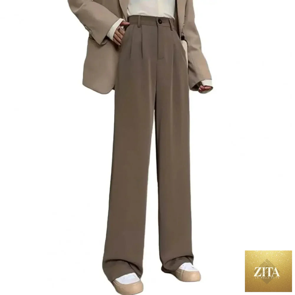 Women’s high waist straight wide-leg trousers by Ladyez, solid color office pants with elastic waist and slant pockets.