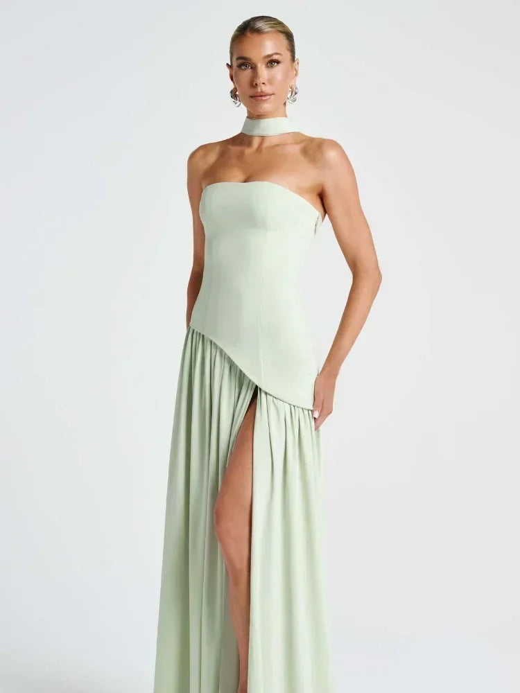 Elegant solid spliced ribbon maxi dress for women by FLIPSTYLEZLLC, strapless, sleeveless, long slit design for summer holidays.
