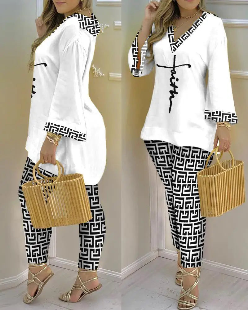 Women’s long sleeve V-neck two-piece set with printed polyester fabric, stylish and comfortable for casual wear.