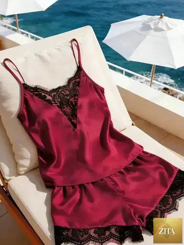 Women's Satin Camisole Shorts Set, Lace Trim Cami Top and Shorts, Silky Spring Summer Sleepwear Loungewear Pajama