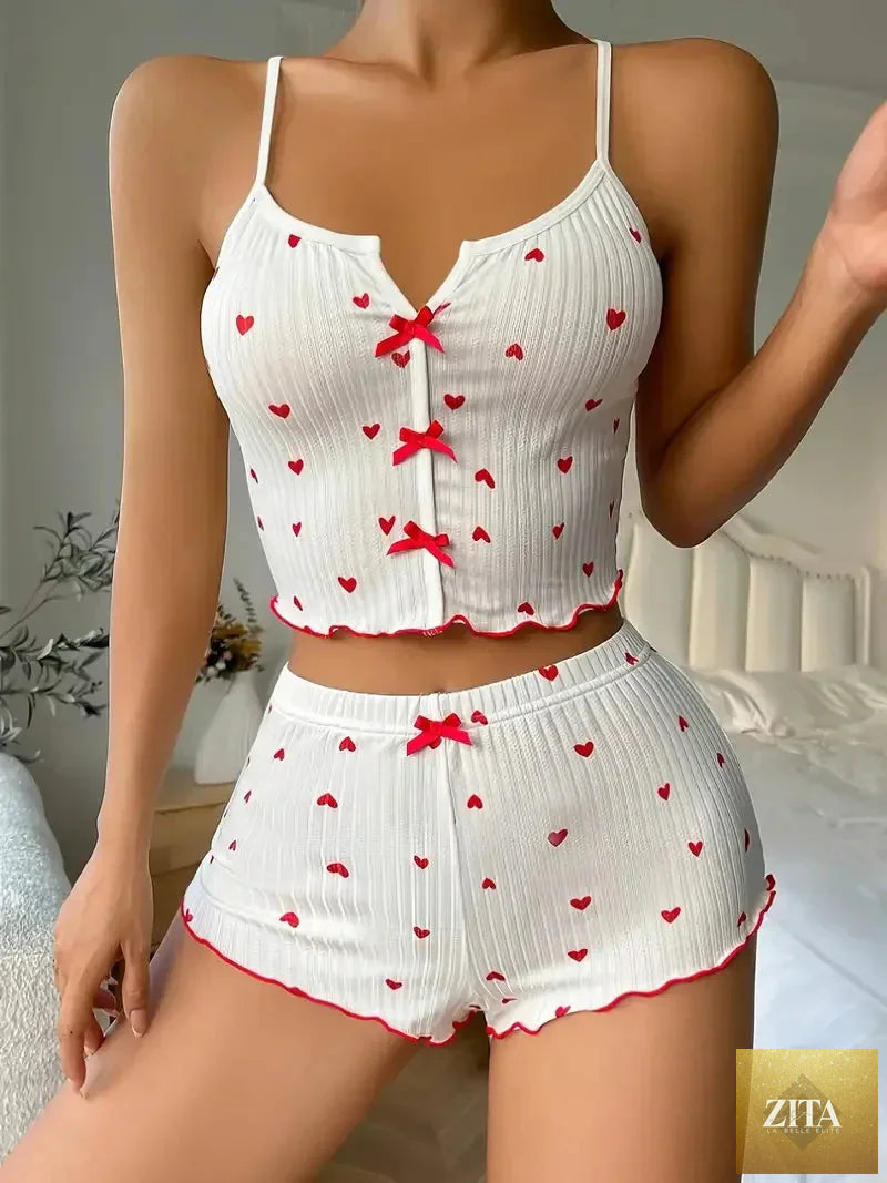 Sleepwear Women Pajamas Set Heart Print Soft Ribbed Fabric with Flirty Frill Trim Casual Cami Top and Shorts Sets Loungewear