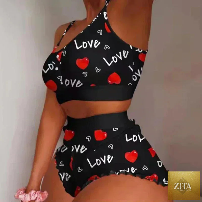 Summer 2-Piece Pajama Set Women Sleepwear Sexy Lingerie Love Printed Lace Sling Crop Tops and Shorts Loungewear Pijamas
