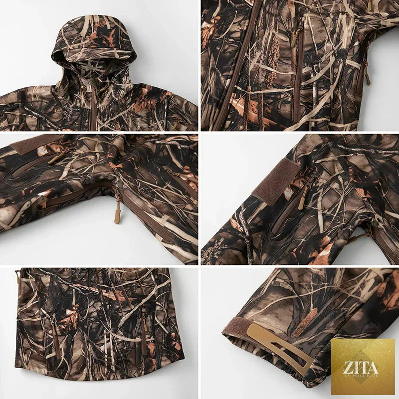 Men's Silent Soft Shell Camouflage Tactical Jacket Waterproof Warm Fleece Hunting Jackets Outdoor Hiking Fishing Hooded Coat