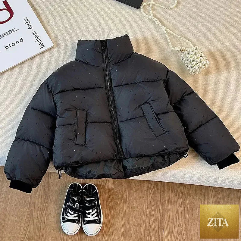 2025 Winter Girls Rhinestone Puffer Jacket Korean Star-Studded Fashion Coat Glitter Zip-Up Quilted Down Jacket