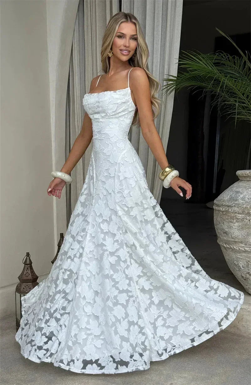 Femstylo women’s backless spaghetti strap maxi dress with lace-up neckline, off-shoulder, sleeveless evening gown for parties.