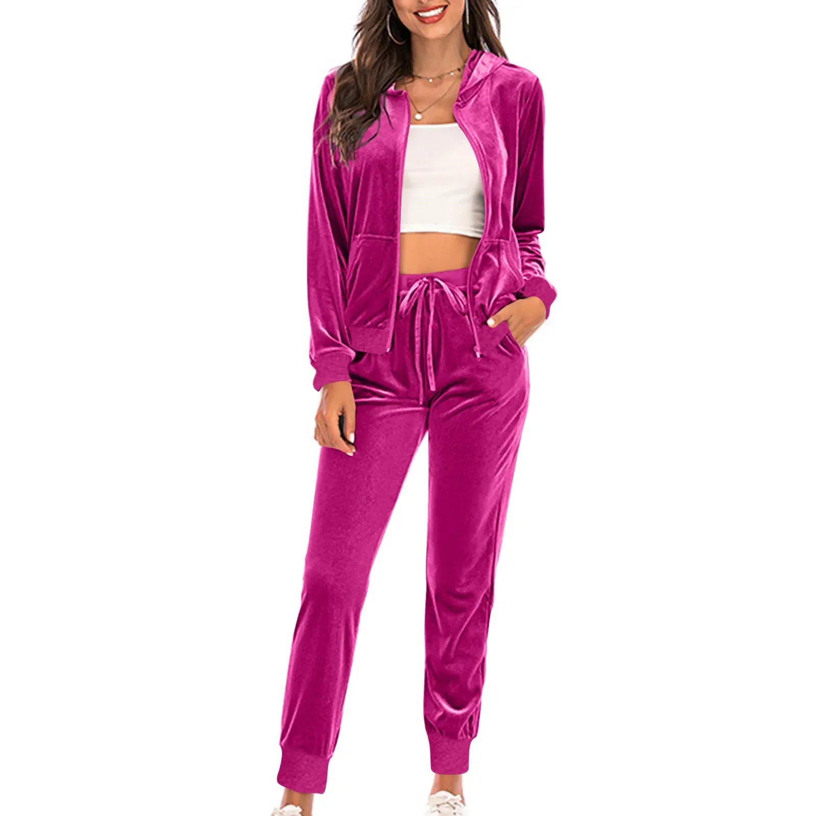 Women Autumn Velvet Tracksuit 2 Piece Sweatshirt Sweatpants Set Full Zip Hoodie