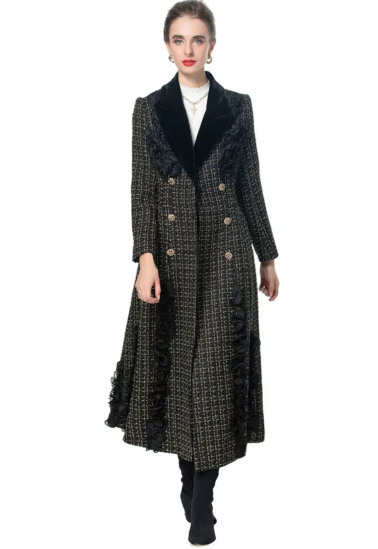 MoaaYina Winter Gray Black Coat With Grid Pattern And Double Breasted Lace Up Coat With Fungus Edge S-4XL ZITA LA BELLE ÉLITE