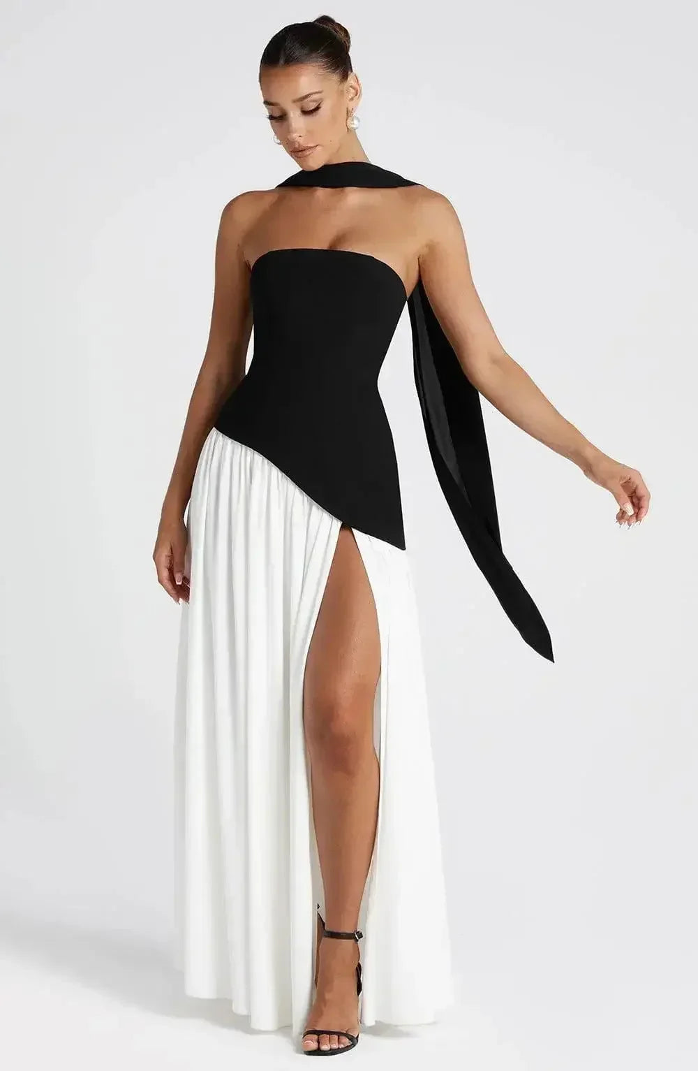 Elegant solid spliced ribbon maxi dress for women by FLIPSTYLEZLLC, strapless sleeveless design with a slit for summer holiday parties.