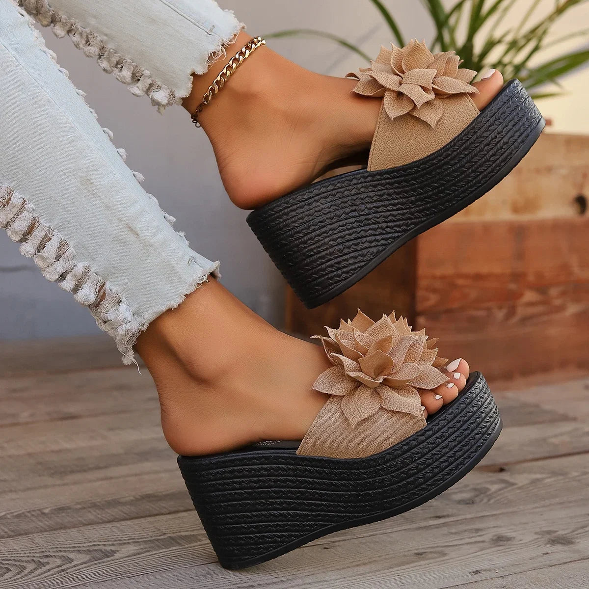 Women’s summer platform slippers with floral design, high heel wedges, casual beach sandals, by LadyShow.Store.