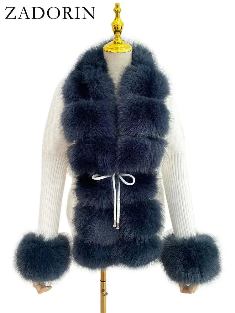 ZADORIN Fall Winter Women Faux Fur Coat Luxury Knitted Sweater Fur Cardigan Detachable Collar White Pink Jacket Faux Fur Coats ZITA LA BELLE ÉLITE