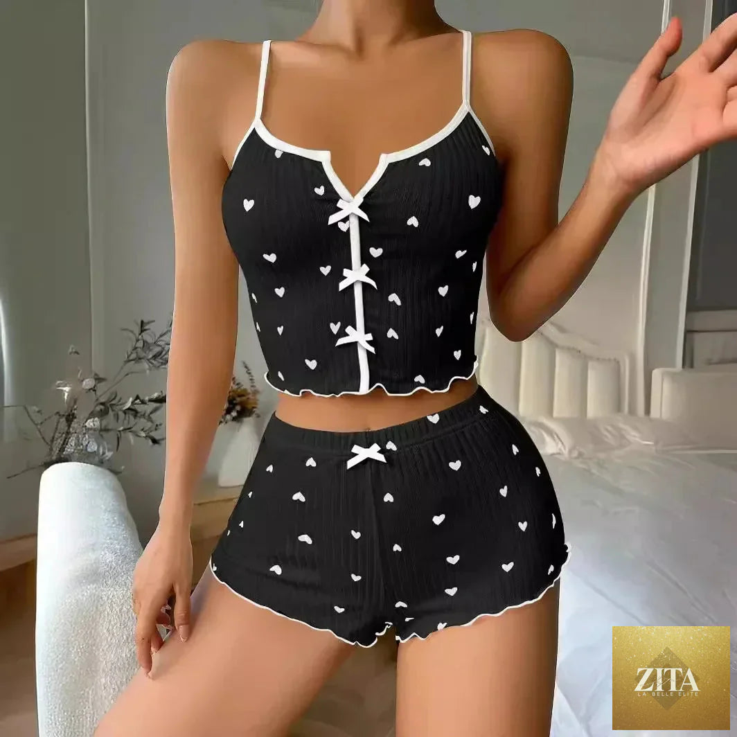 Sexy Sleepwear Women Pajamas Set Heart Print Silk Stain V-Neck Sleeveless Casual Cami Top and Shorts Sets Home Suit Loungewear