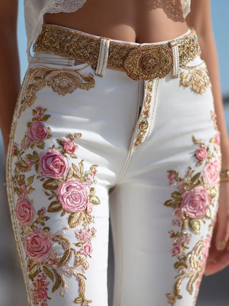 Women's European American Style Floral Print Jeans Straight Leg Casual Denim Pants
