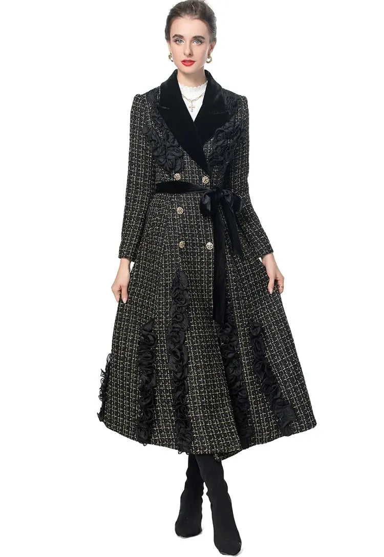 MoaaYina Winter Gray Black Coat With Grid Pattern And Double Breasted Lace Up Coat With Fungus Edge S-4XL ZITA LA BELLE ÉLITE