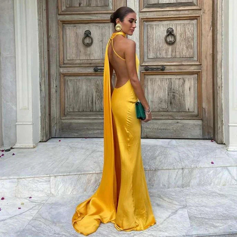 Femstylo backless lace-up maxi dress, sleeveless evening gown with ribbon details, perfect for formal parties and special occasions.