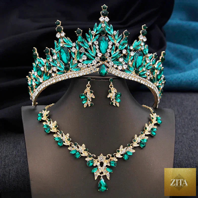 Elegant bridal jewelry set with tiaras, necklace, and earrings featuring intricate designs for women’s wedding and prom accessories.