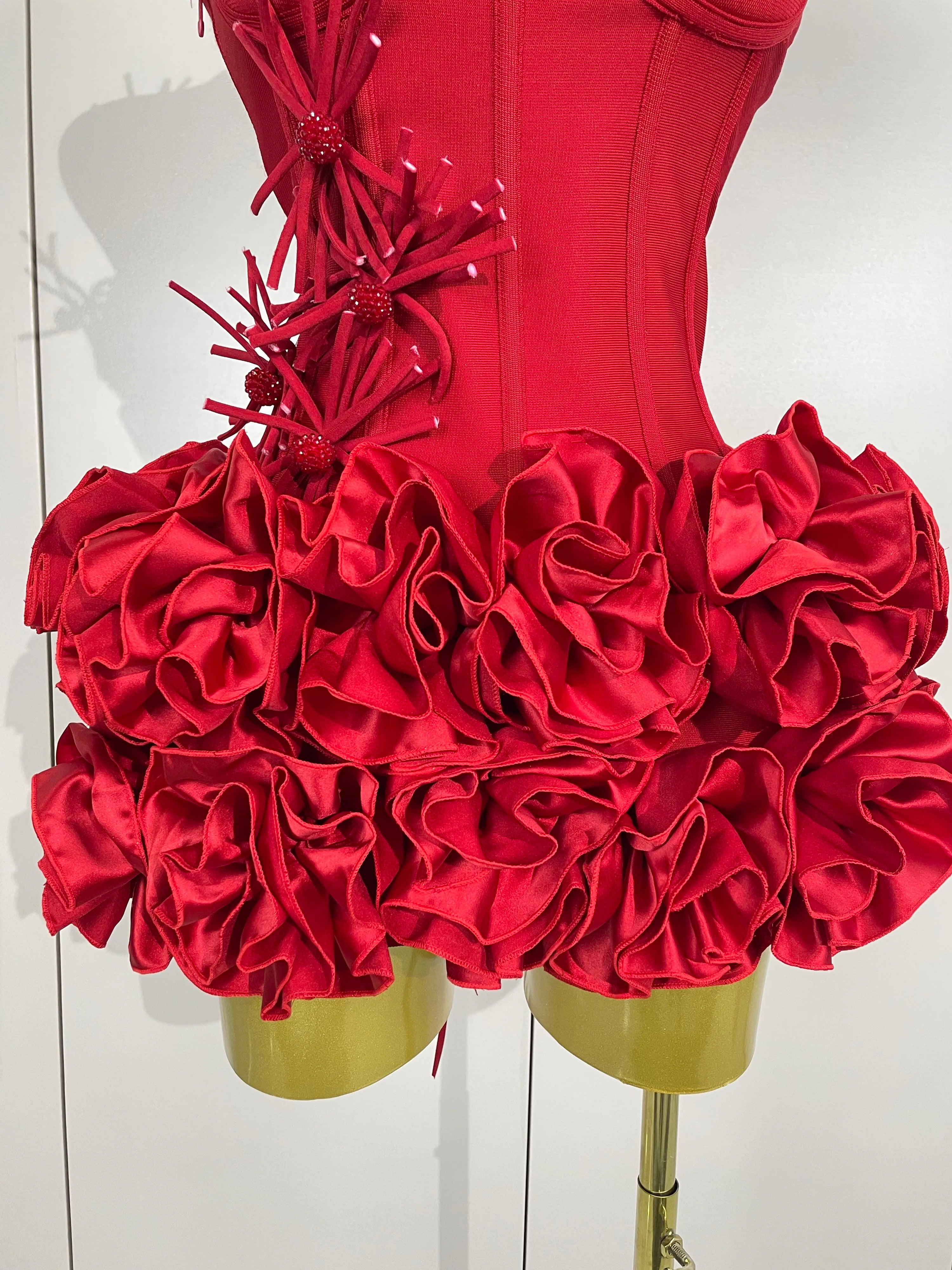 Elegant red and black two-piece halter prom gown set by FLIPSTYLEZLLC, featuring a glamorous bandage design for women at parties.