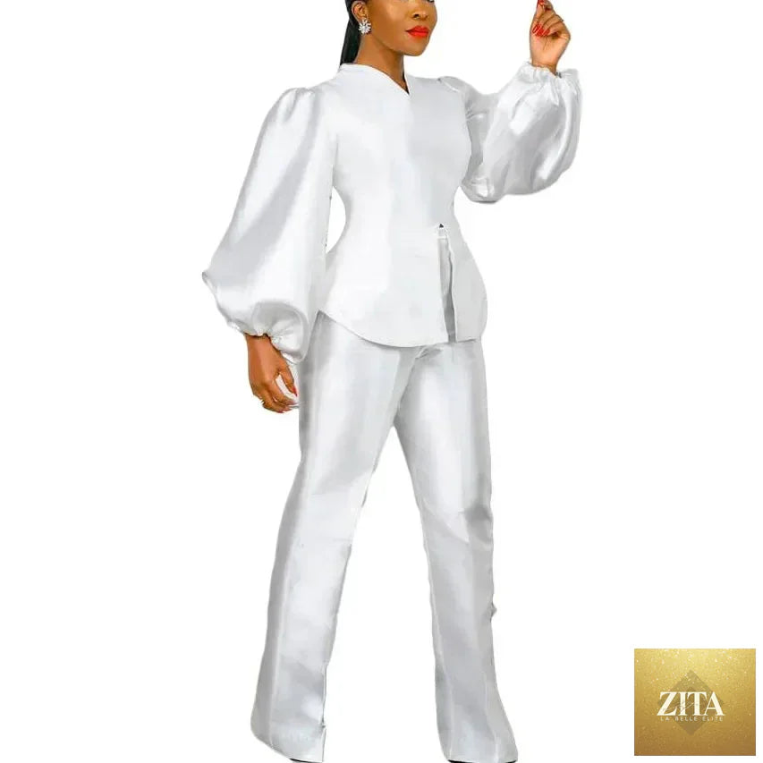 Elegant office ladies' 2-piece pants set featuring a satin blouse and straight long trousers, high-quality female outfit by FLIPSTYLEZLLC