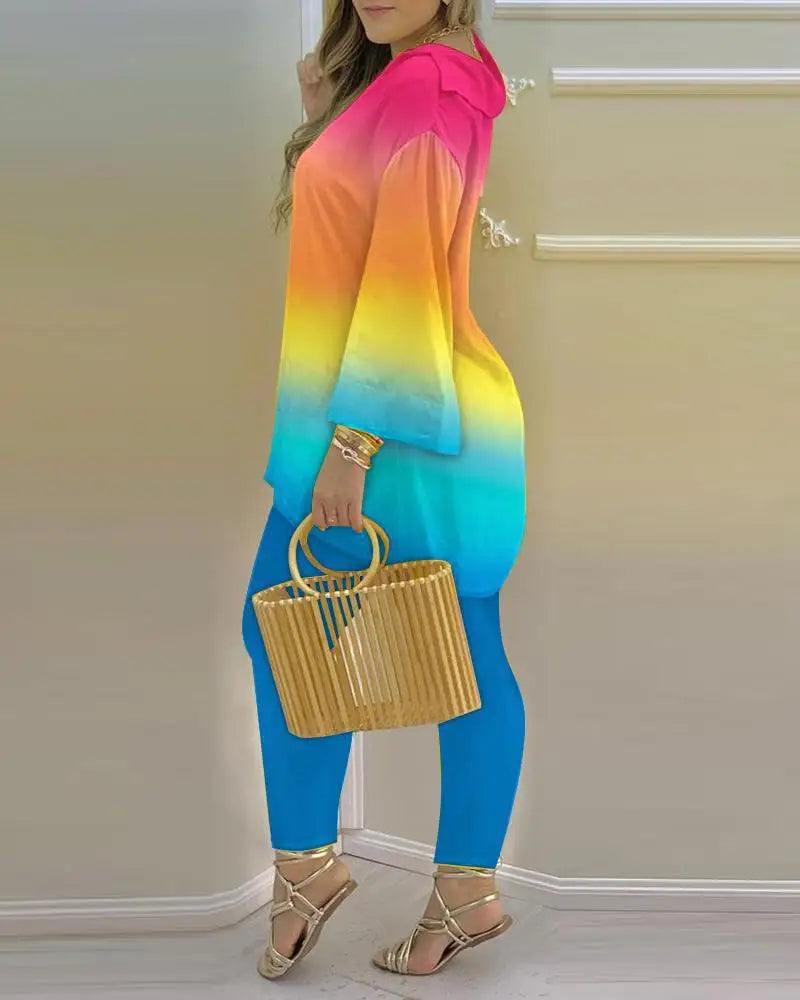 Women’s long sleeve V-neck polyester two-piece set with printed design, stylish and comfortable fashion ensemble.