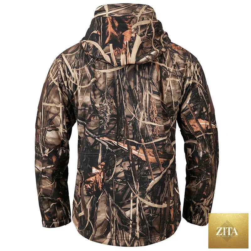 Men's Silent Soft Shell Camouflage Tactical Jacket Waterproof Warm Fleece Hunting Jackets Outdoor Hiking Fishing Hooded Coat