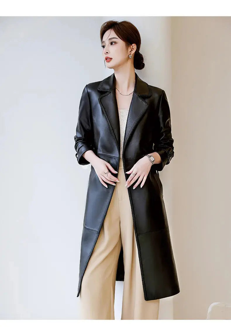 Women's Genuine Leather Trench Coat Lace-Up Long Slim Fit Spring Autumn Sheepskin Top ZITA LA BELLE ÉLITE