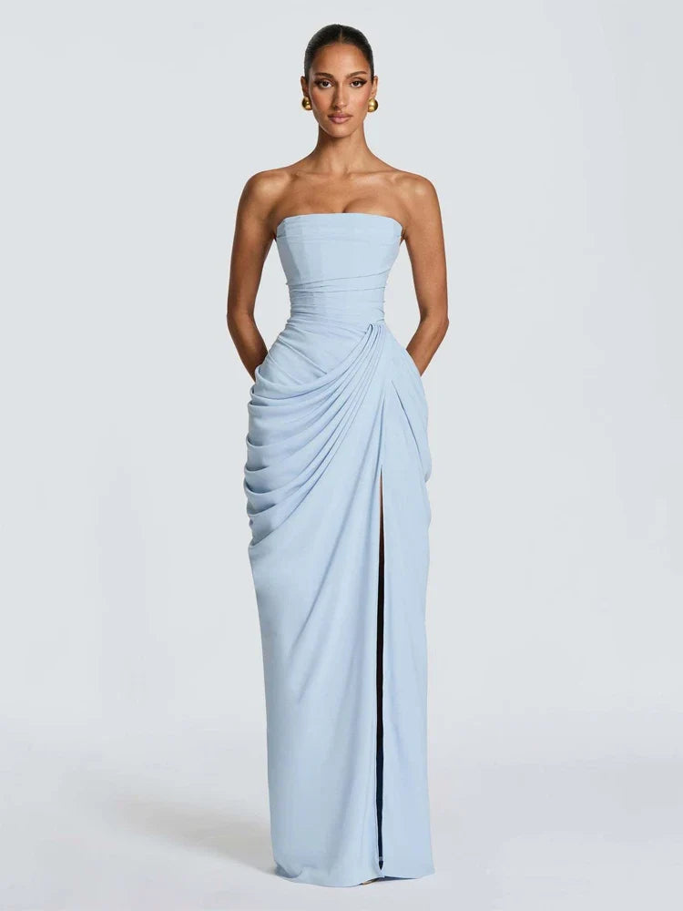 Solid pleated strapless women's dress by FLIPSTYLEZLLC with backless, off-shoulder design, high waist, and side slit for summer evening parties.