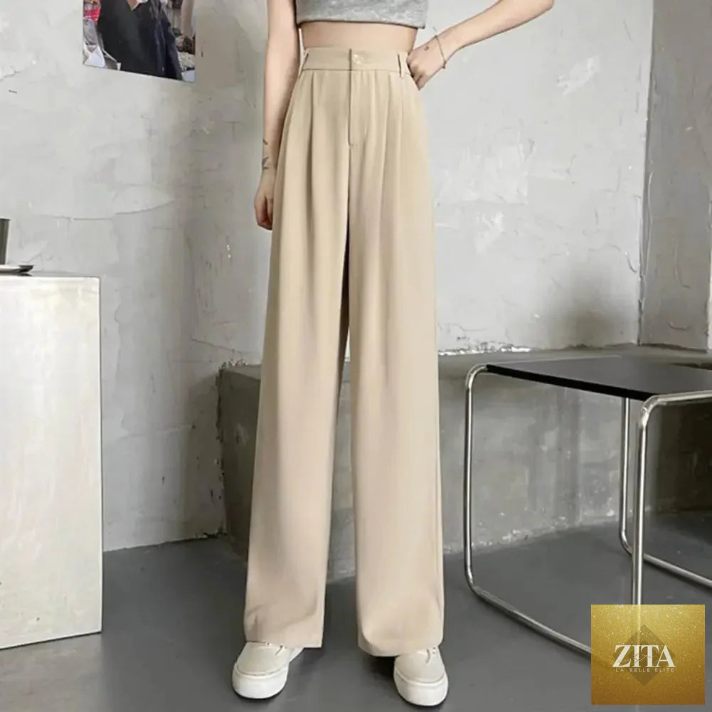 Women’s high waist straight wide-leg trousers by Ladyez featuring solid color, elastic waist, slant pockets, and a loose fit.