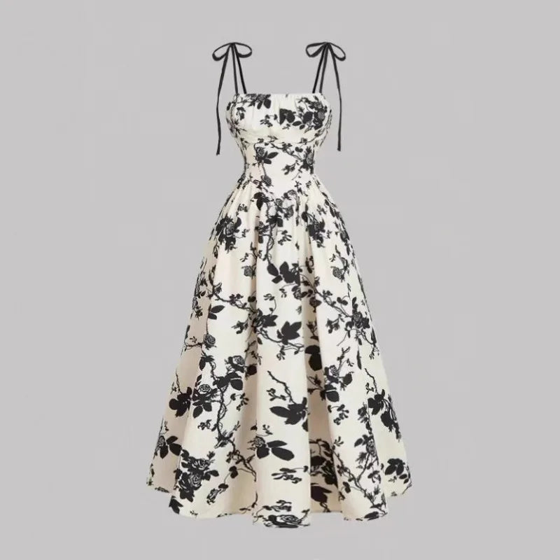 Women's Floral Slip Dress French Vintage High Waist Casual Sundress