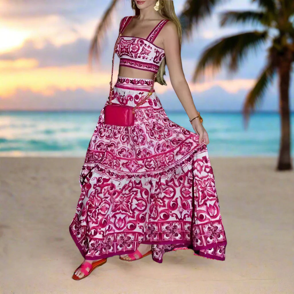 Summer Beach Print Two-piece Set Strapless Crop Top and Long Skirt Maxi