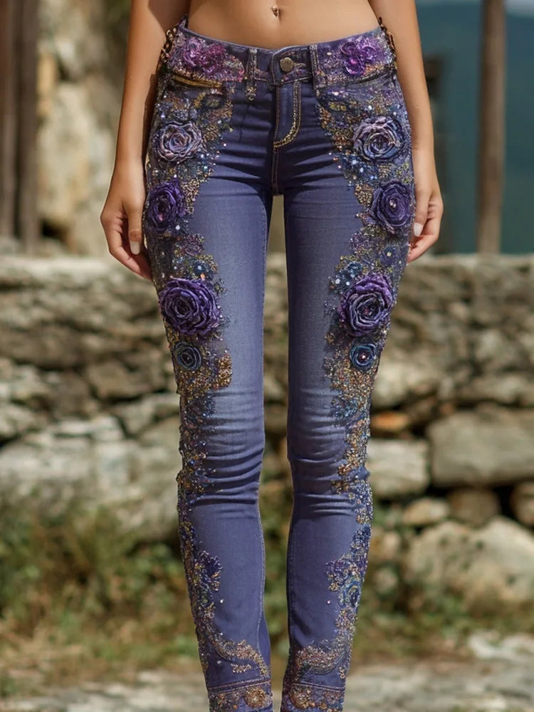 Women's European American Style Floral Print Jeans Straight Leg Casual Denim Pants