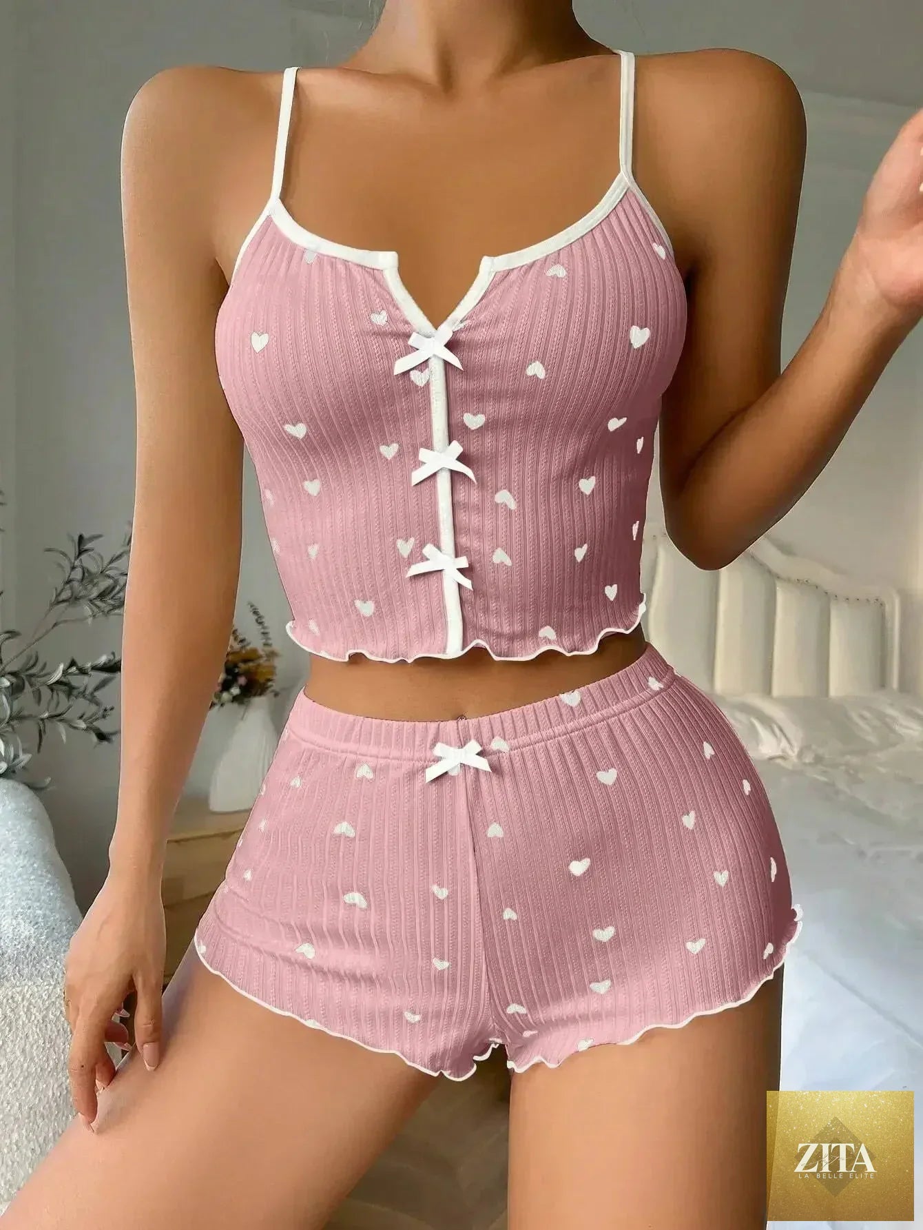Sexy Sleepwear Women Pajamas Set Heart Print Silk Stain V-Neck Sleeveless Casual Cami Top and Shorts Sets Home Suit Loungewear
