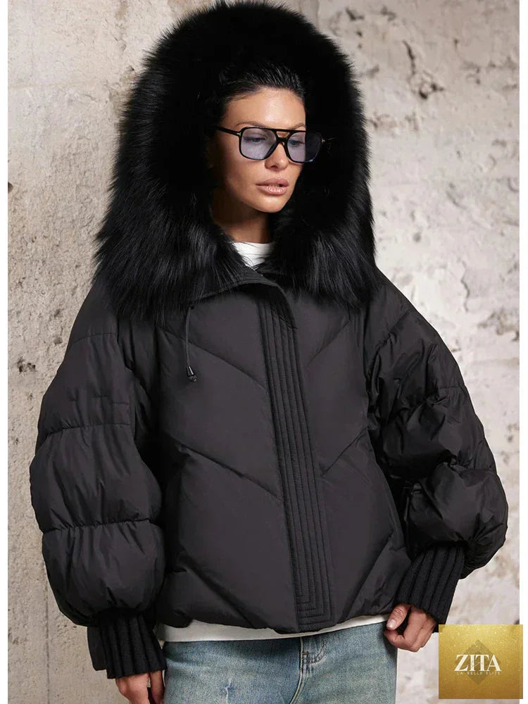 Women Winter Goose Down Jackets Real Fox Fur Collar Hooded Thick Natural Raccoon Fur Female Outwear Warm Loose Puffer Coats